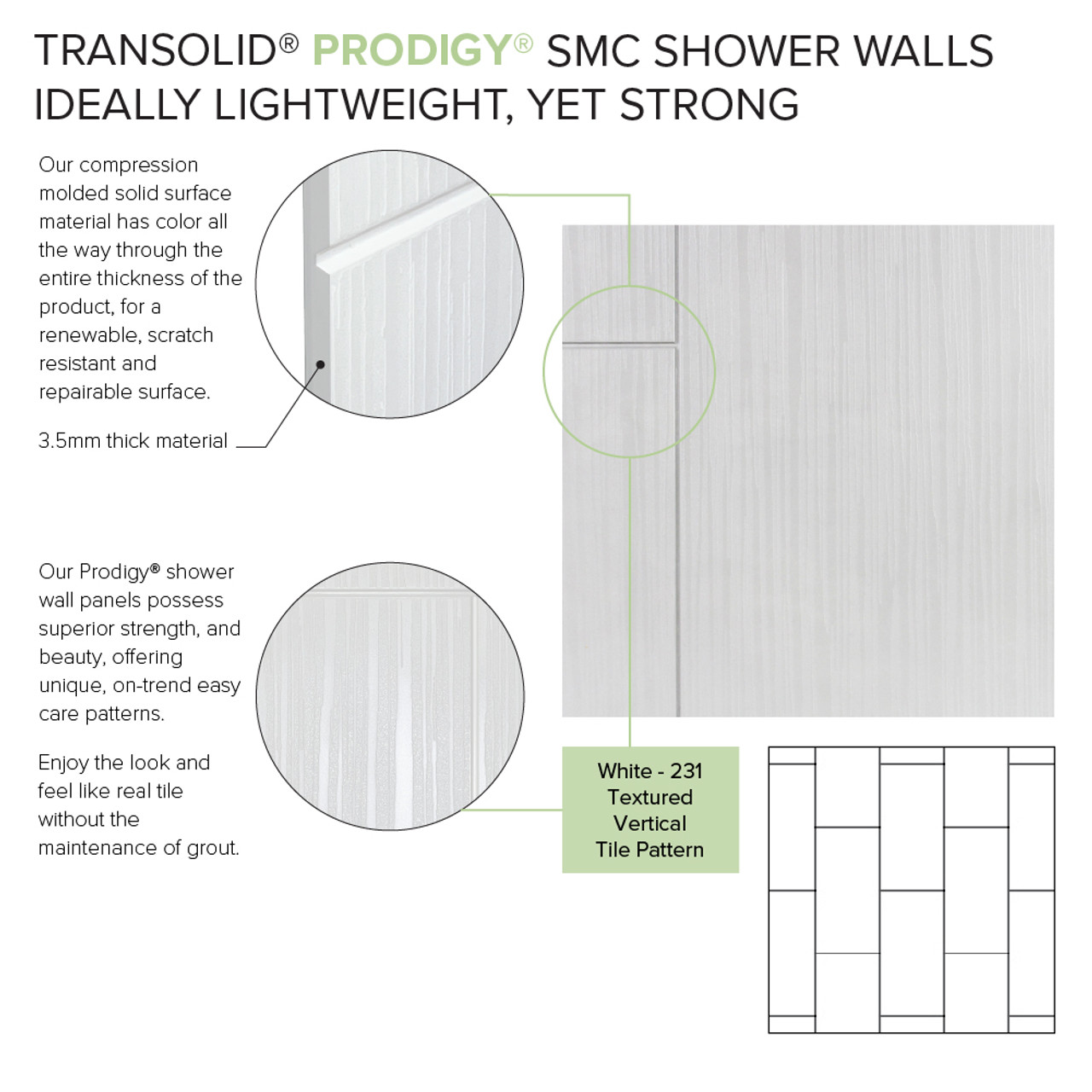 Transolid Prodigy PWKX60367224-231 60" x 36" x 96-in Glue to Wall 6-Piece Shower Wall Trimmable Kit 12" x 24" Vertical Tile, in White