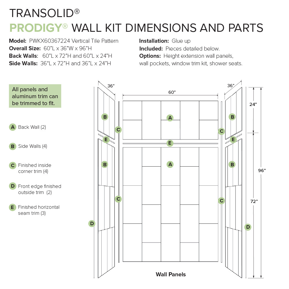 Prodigy PWKX60367224-231 60" x 36" x 96-in Glue to Wall 6-Piece Shower Wall Trimmable Kit 12" x 24" Vertical Tile, in White