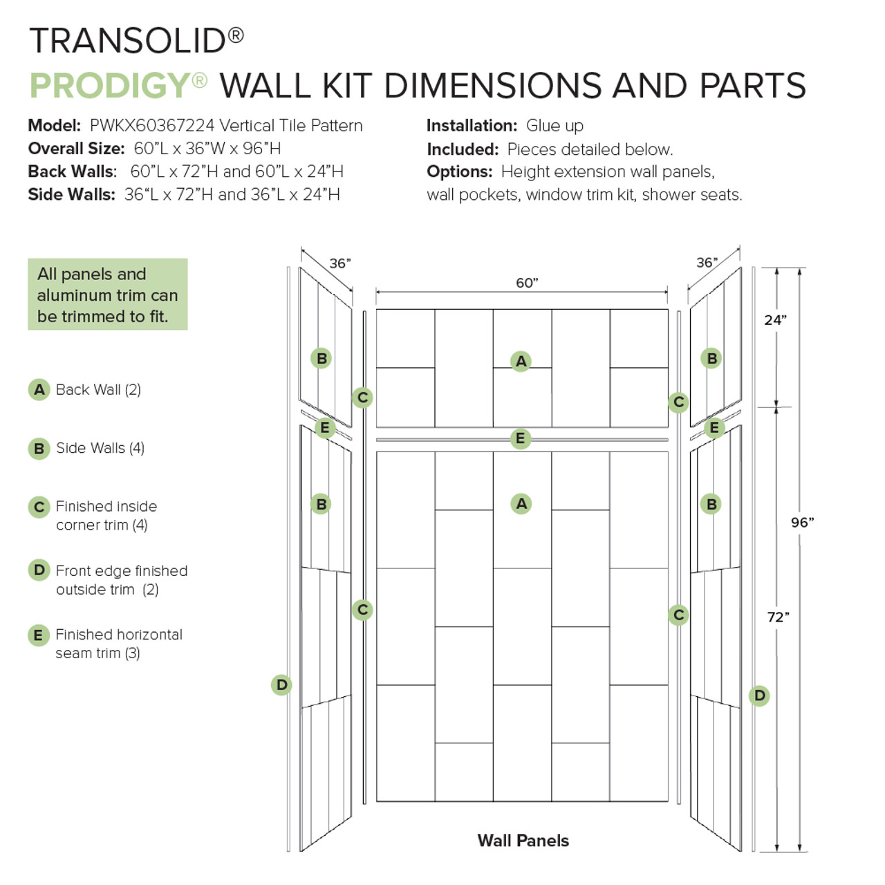 Transolid Prodigy PWKX60367224-240 60" x 36" x 96-in Glue to Wall 6-Piece Shower Wall Trimmable Kit 12" x 24" Vertical Tile, in Dark Grey