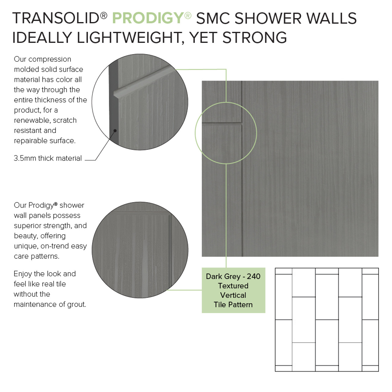 Transolid Prodigy PWKX60367224-240 60" x 36" x 96-in Glue to Wall 6-Piece Shower Wall Trimmable Kit 12" x 24" Vertical Tile, in Dark Grey