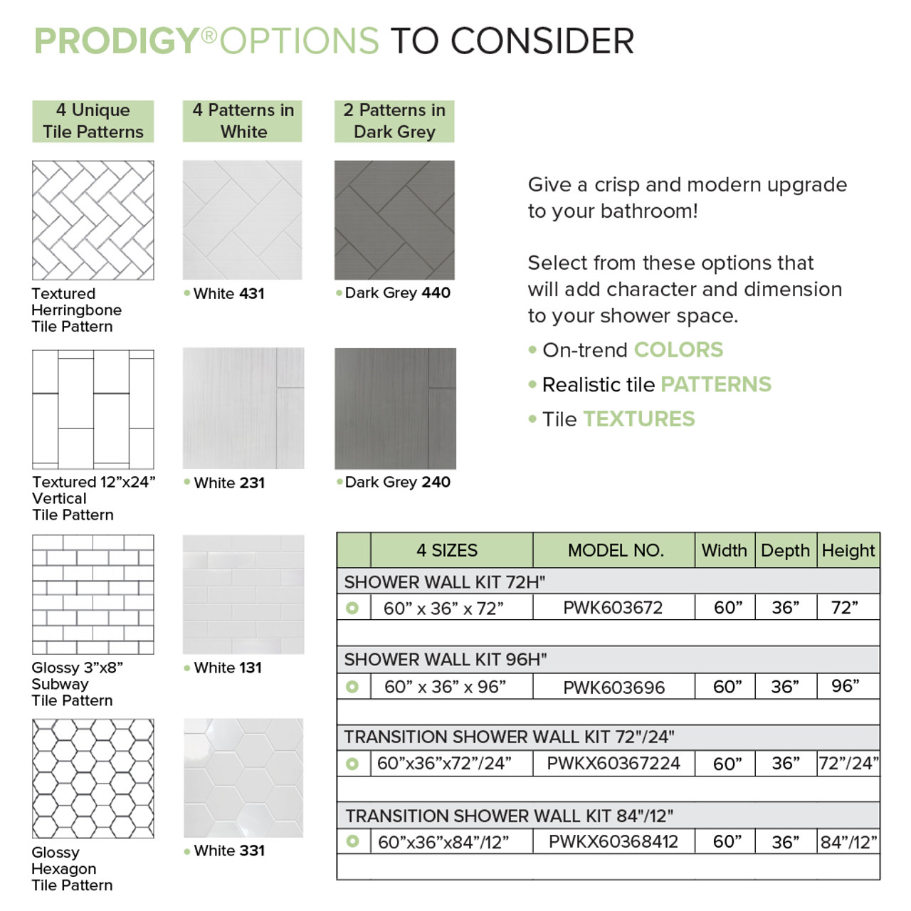 Transolid Prodigy PWKX60367224-240 60" x 36" x 96-in Glue to Wall 6-Piece Shower Wall Trimmable Kit 12" x 24" Vertical Tile, in Dark Grey