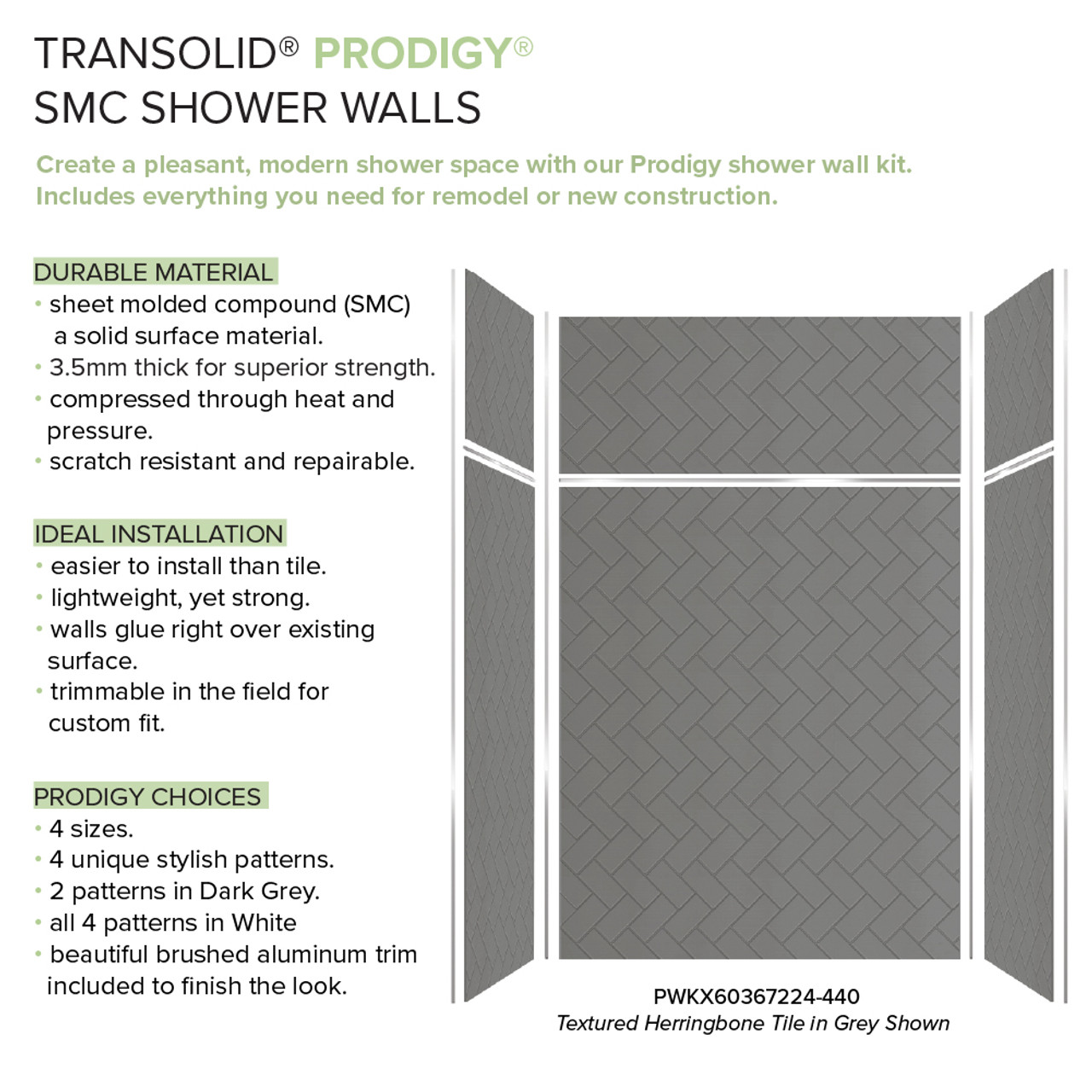 Transolid Prodigy PWKX60367224-440 60" x 36" x 96-in Glue to Wall 6-Piece Shower Wall Trimmable Kit Herringbone Tile, in Dark Grey