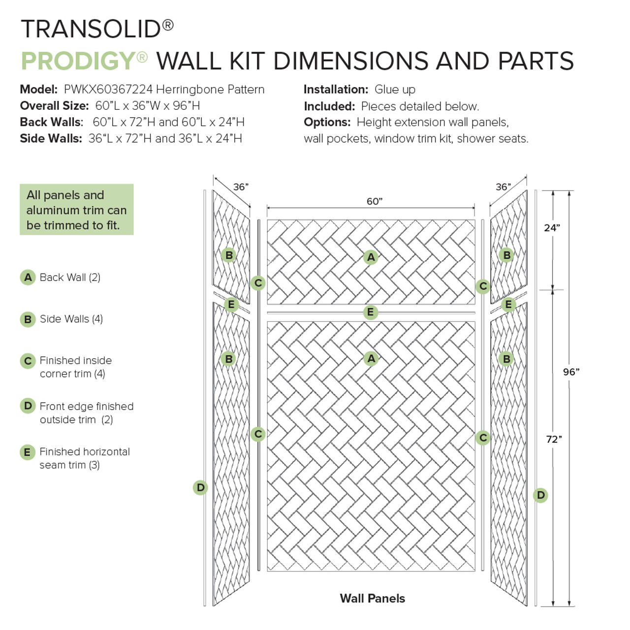Transolid Prodigy PWKX60367224-440 60" x 36" x 96-in Glue to Wall 6-Piece Shower Wall Trimmable Kit Herringbone Tile, in Dark Grey