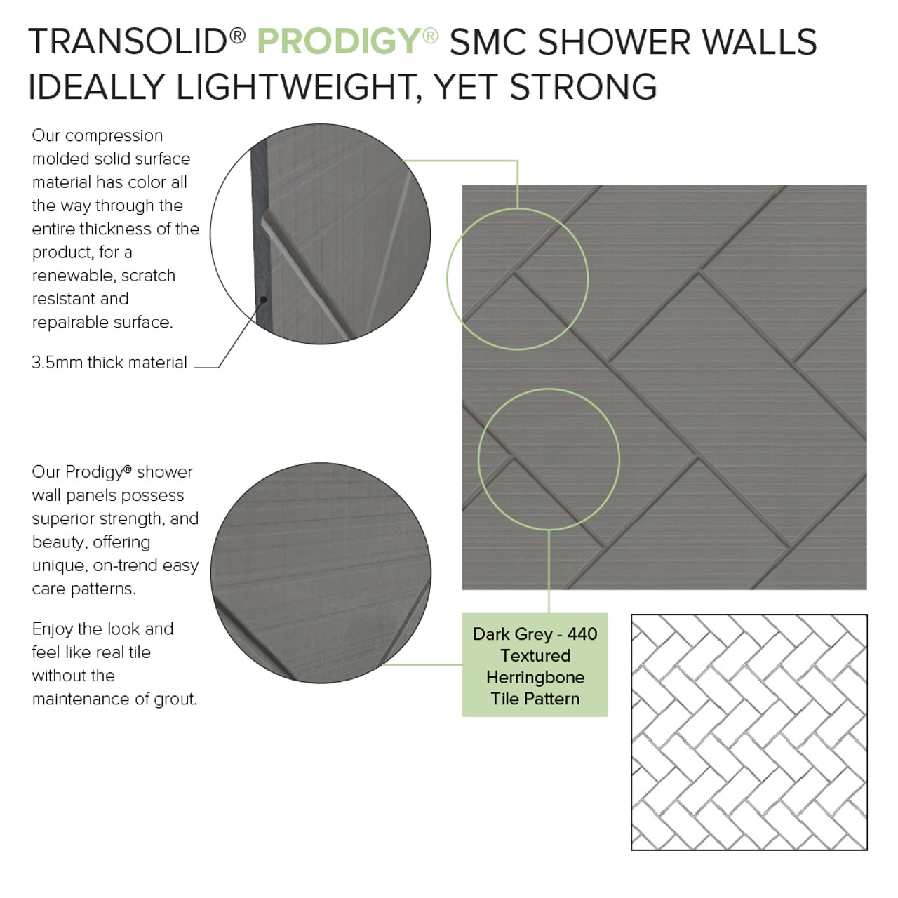 Transolid Prodigy PWKX60367224-440 60" x 36" x 96-in Glue to Wall 6-Piece Shower Wall Trimmable Kit Herringbone Tile, in Dark Grey