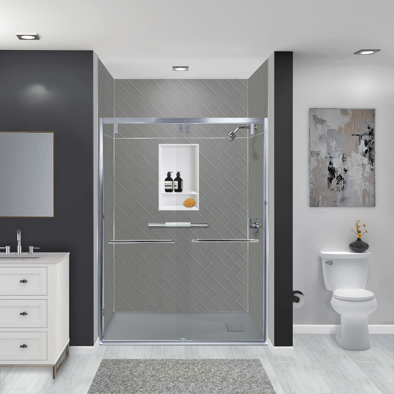 Transolid Prodigy PWKX60367224-440 60" x 36" x 96-in Glue to Wall 6-Piece Shower Wall Trimmable Kit Herringbone Tile, in Dark Grey