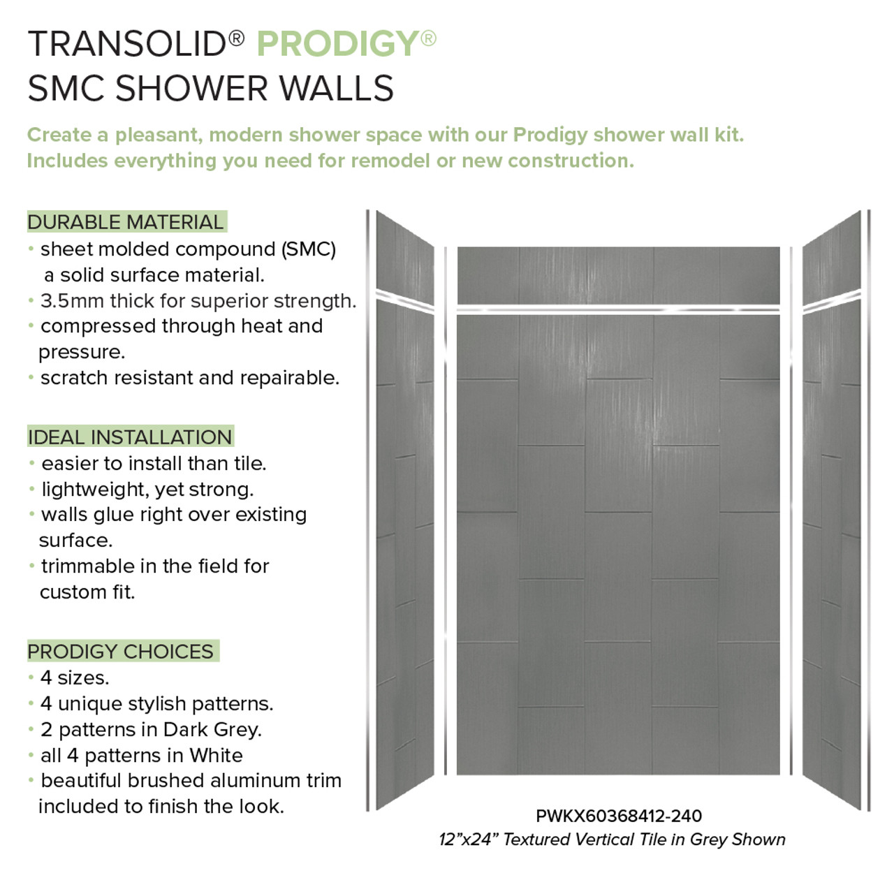 Transolid Prodigy PWKX60368412-240 60" x 36" x 96-in Glue to Wall 6-Piece Shower Wall Trimmable Kit 12" x 24" Vertical Tile, in Dark Grey