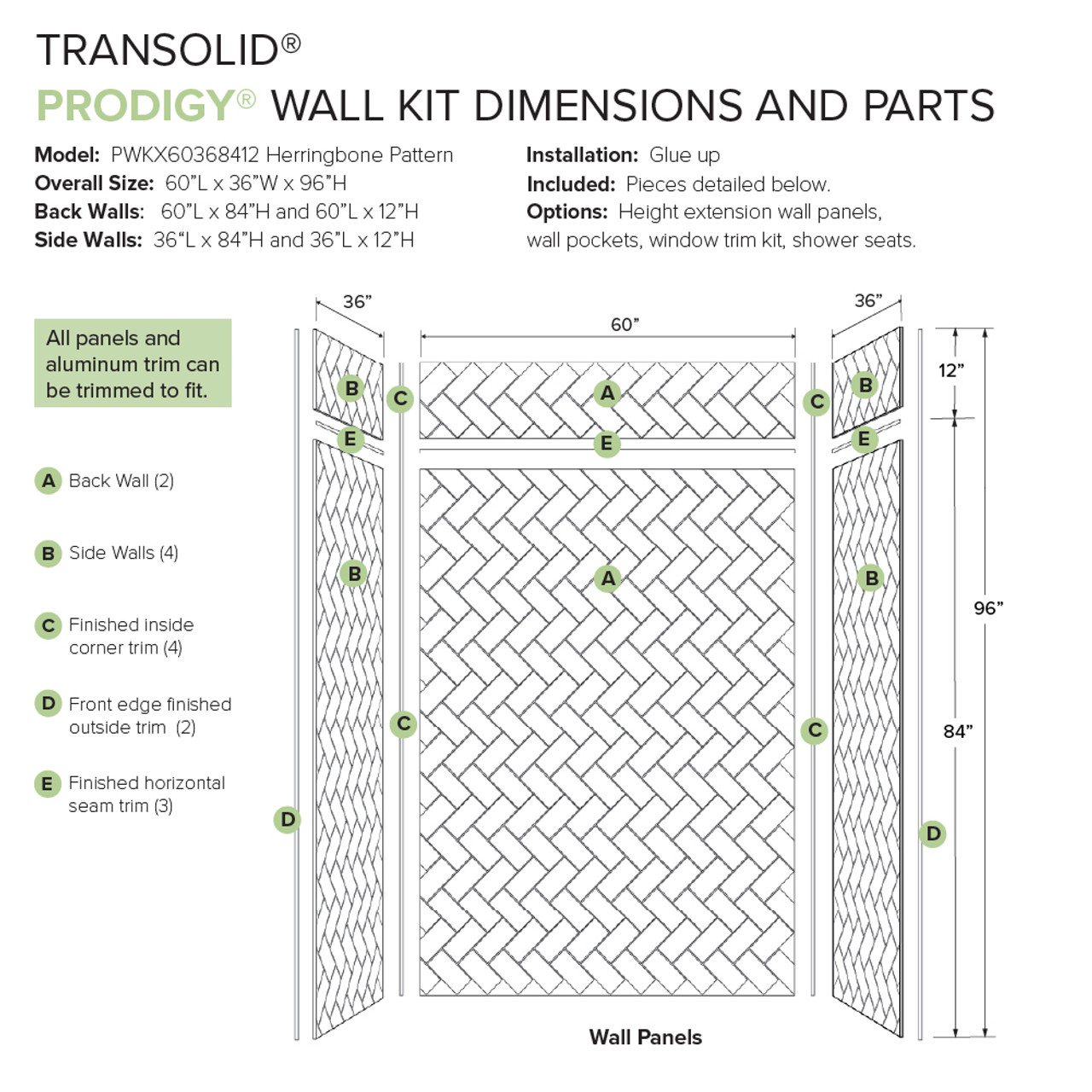 Transolid Prodigy PWKX60368412-440 60" x 36" x 96-in Glue to Wall 6-Piece Shower Wall Trimmable Kit Herringbone Tile, in Dark Grey