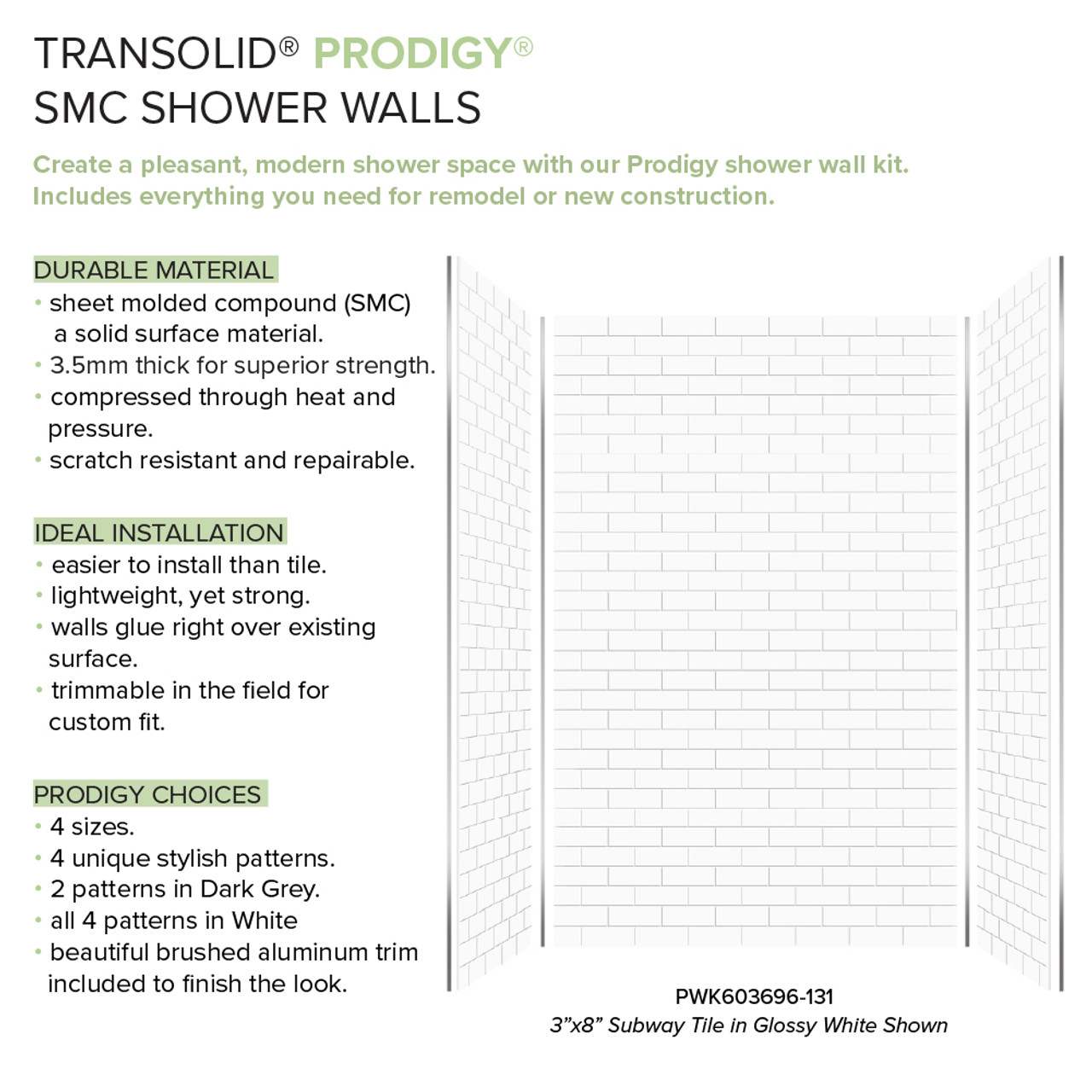 Transolid Prodigy PWK603696-131 60" x 36" x 96" Glue to Wall 3-Piece Shower Wall Trimmable Kit 3" x 8" Subway Tile, in White