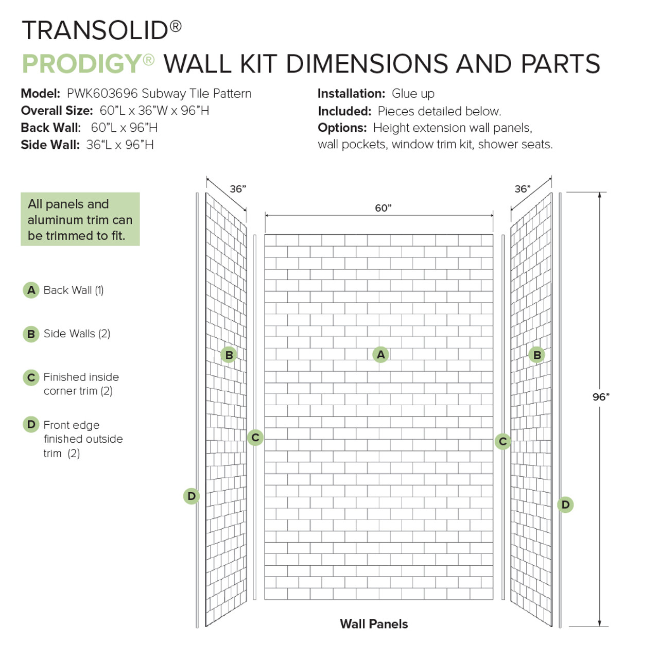 Transolid Prodigy PWK603696-131 60" x 36" x 96" Glue to Wall 3-Piece Shower Wall Trimmable Kit 3" x 8" Subway Tile, in White
