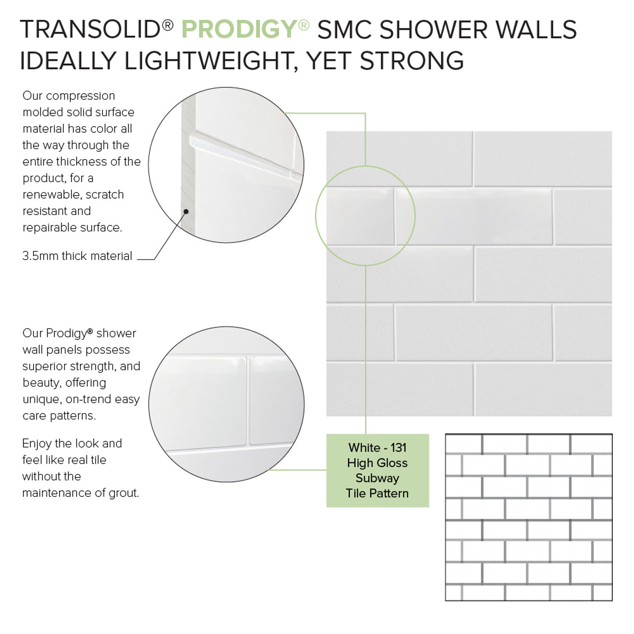 Transolid Prodigy PWK603696-131 60" x 36" x 96" Glue to Wall 3-Piece Shower Wall Trimmable Kit 3" x 8" Subway Tile, in White