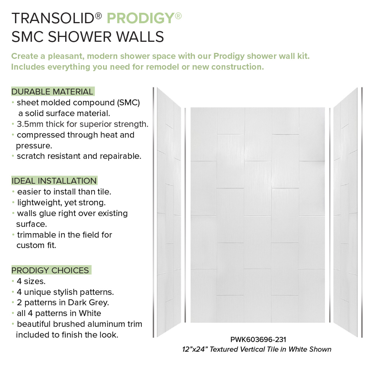 Transolid Prodigy PWK603696-231 60" x 36" x 96" Glue to Wall 3-Piece Shower Wall Trimmable Kit 12" x 24" Vertical Tile, in White