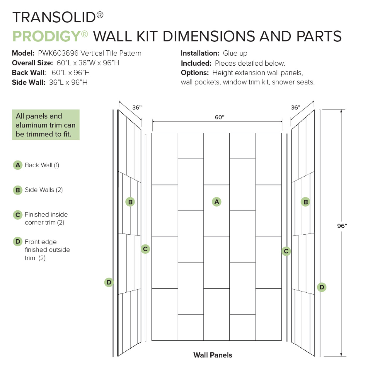 Transolid Prodigy PWK603696-240 60" x 36" x 96" Glue to Wall 3-Piece Shower Wall Trimmable Kit 12" x 24" Vertical Tile, in Dark Grey