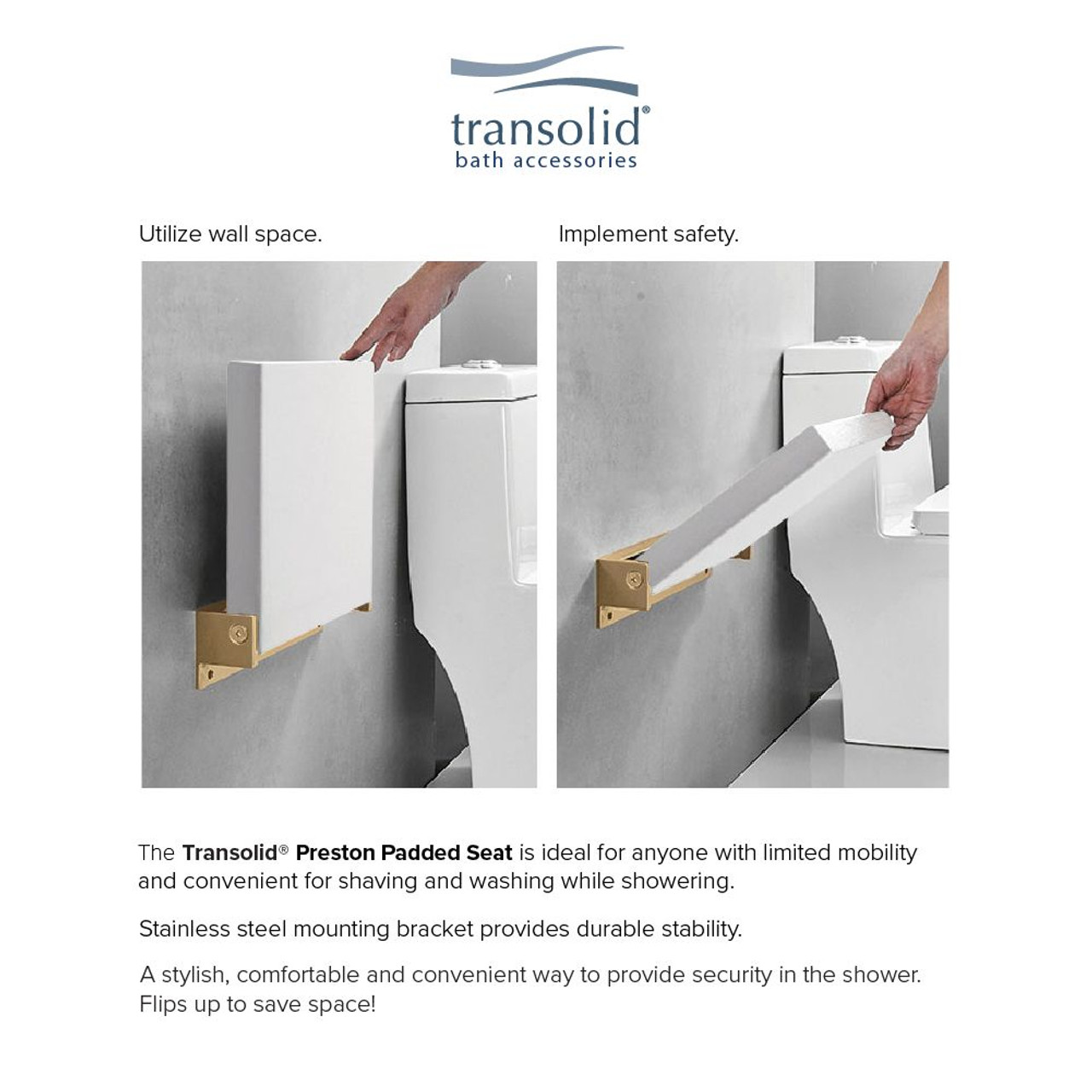 Transolid PPS1420UP-01CB 14-in x 20-in Flip Up Shower Seat, White and Champagne Bronze