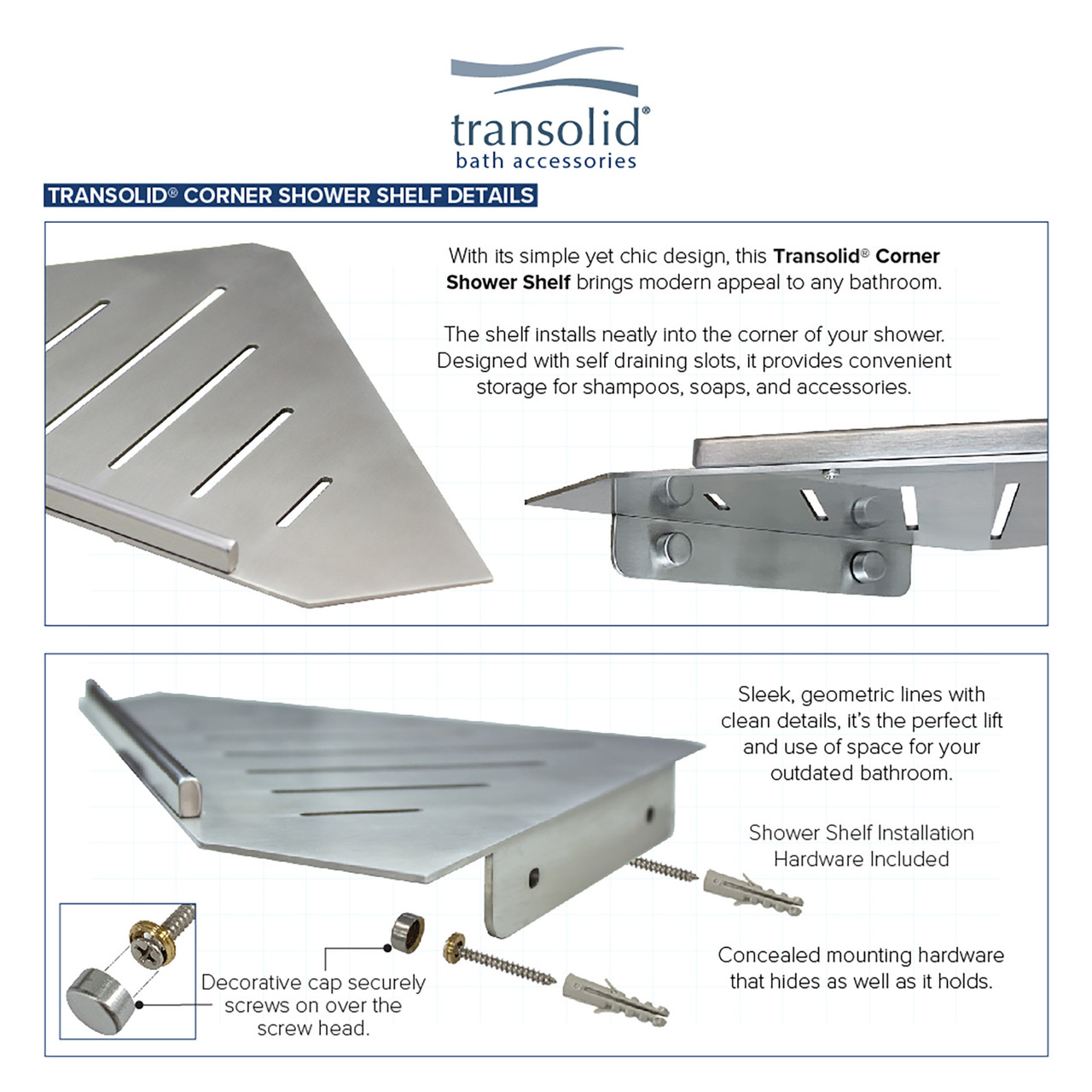 K-J30-SSC-BS Transolid K-J30-SSC-BS Jocelyn Grab Bar Shelf and Corner Shower Shelf Kit; Brushed Stainless