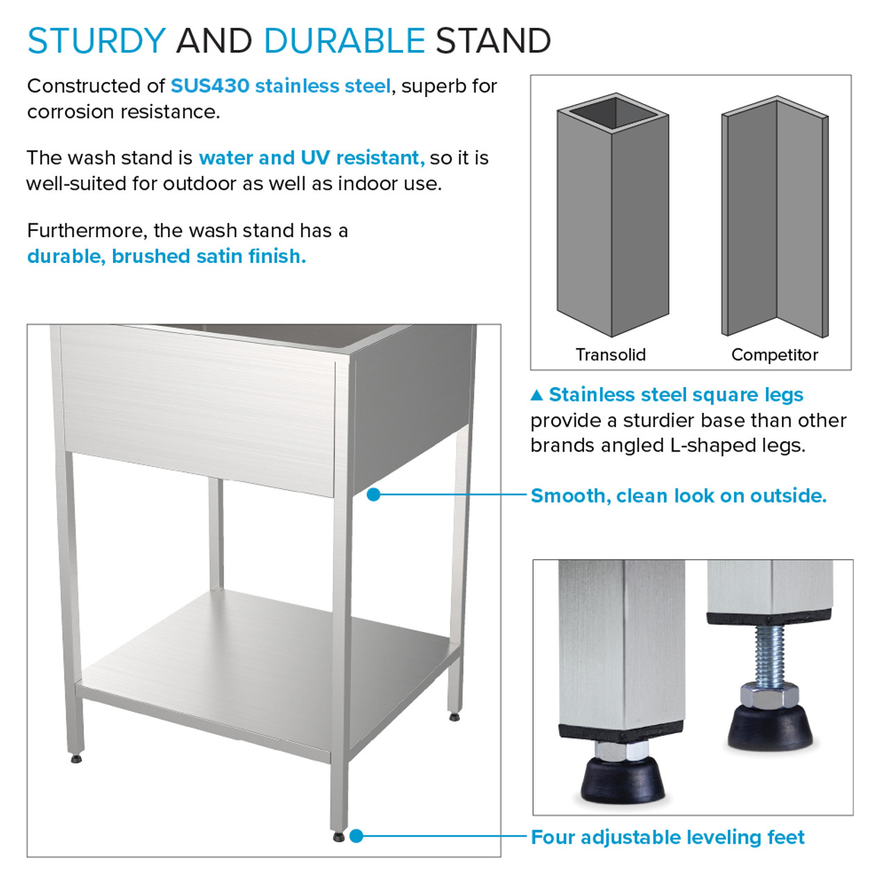 Transolid EWS-2422S 24-in W x 22.1-in D x 35.2-in H Stainless Steel Laundry Sink and Wash Stand, Brushed Stainless