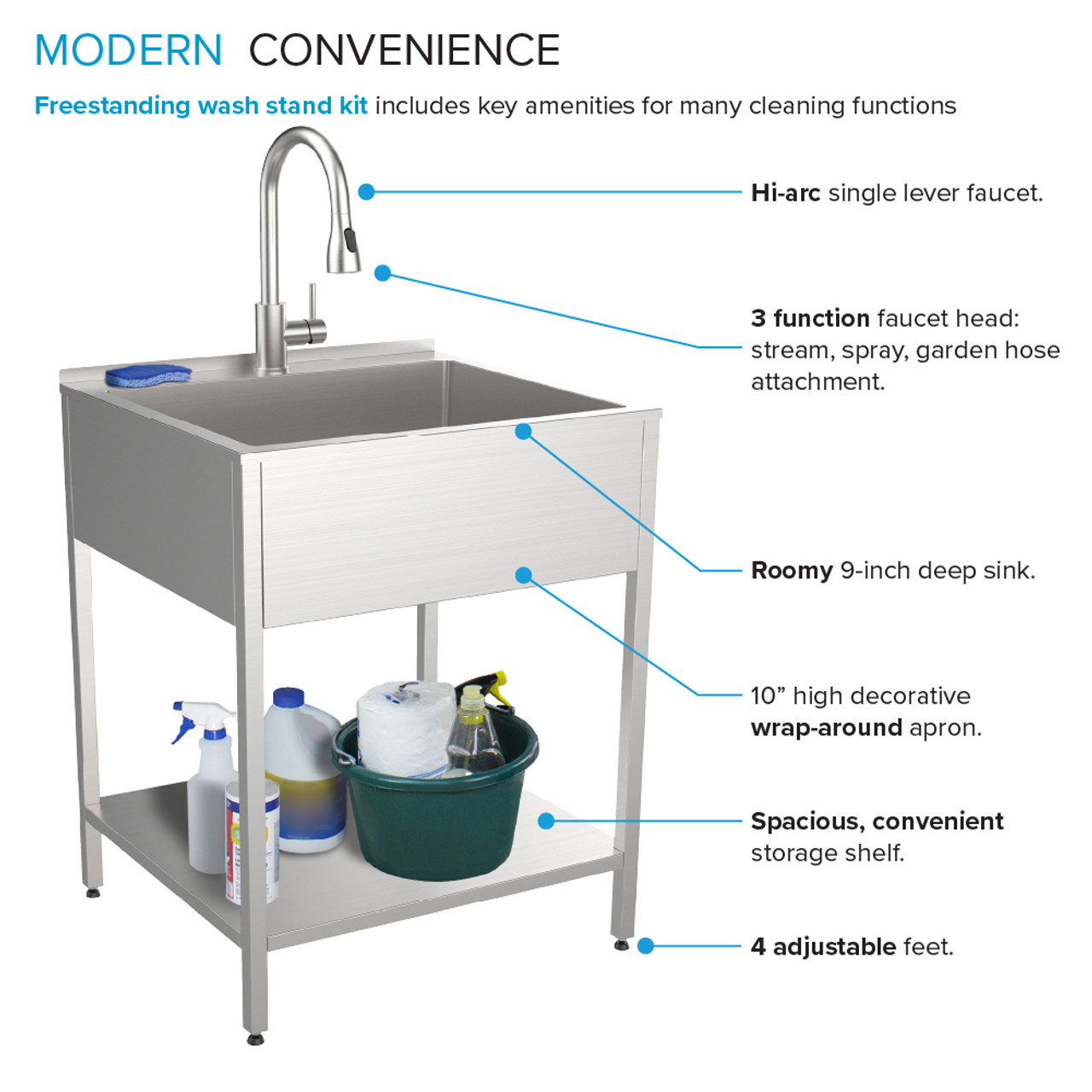 Transolid EWS-2422S 24-in W x 22.1-in D x 35.2-in H Stainless Steel Laundry Sink and Wash Stand, Brushed Stainless