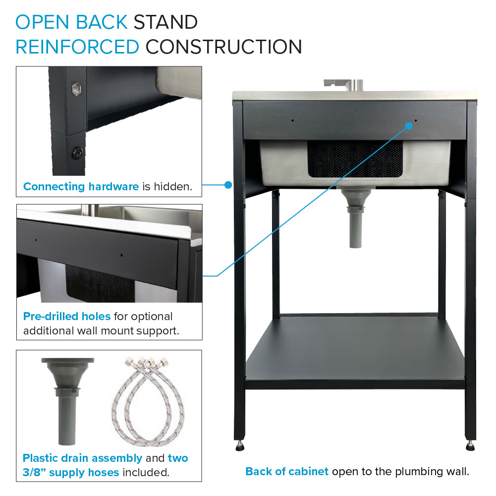 EWS-2422S-MB  24-in W x 22.1-in D x 35.2-in H Stainless Steel Laundry Sink and Wash Stand, Matte Black