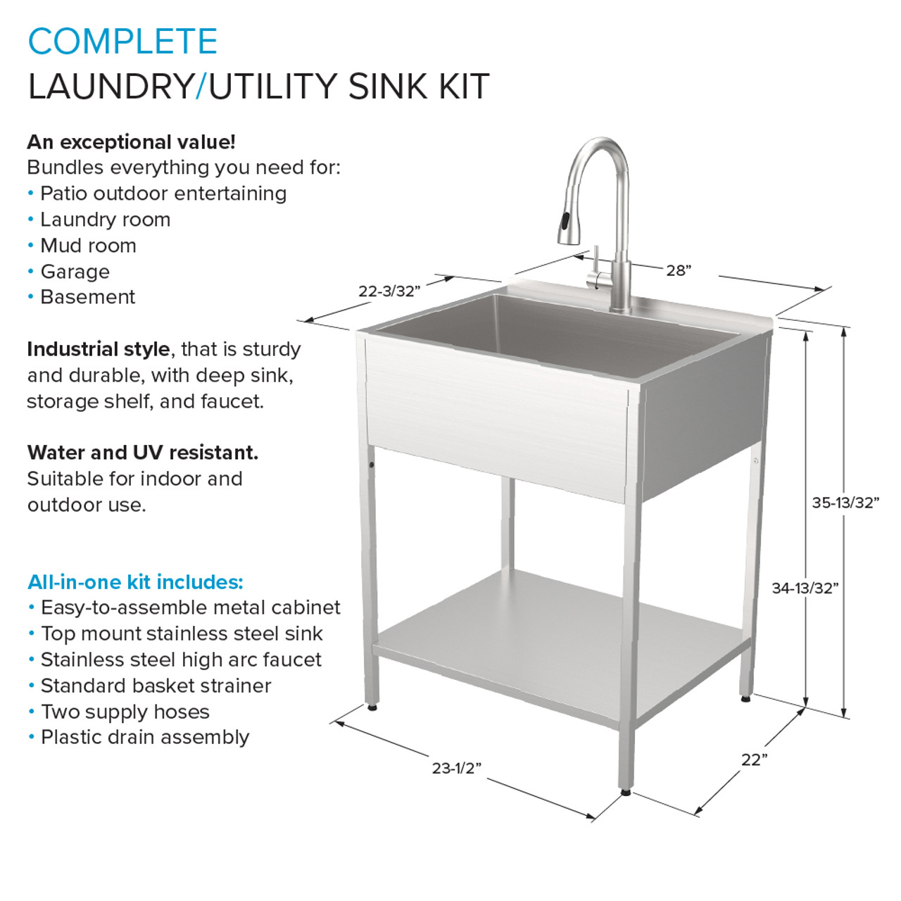 Transolid EWS-2822S 28-in W x 22.1-in D x 35.2-in H Stainless Steel Laundry Sink and Wash Stand, Brushed Stainless