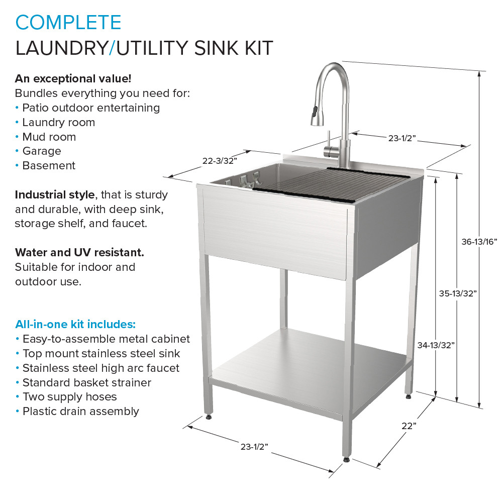 K-EWS-2422S 24-in W x 22.1-in D x 35.2-in H Laundry Sink/Wash Stand All-in-One Kit, Brushed Stainless