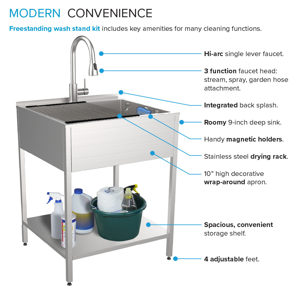 K-EWS-2422S 24-in W x 22.1-in D x 35.2-in H Laundry Sink/Wash Stand All-in-One Kit, Brushed Stainless