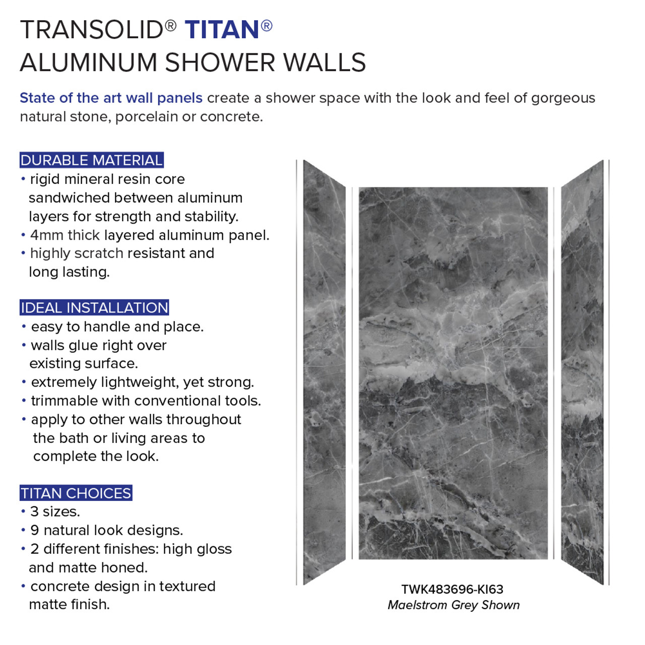 Transolid TWK483696-KI63G Titan 48-in x 39-in x 96-in Shower Wall Trimmable Kit, Maelstrom Grey (Glossy)