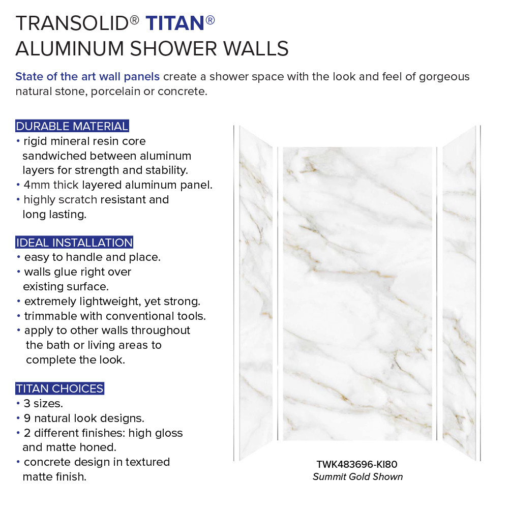 Transolid TWK483696-KI80G Titan 48-in x 39-in x 96-in Shower Wall Trimmable Kit, Summit Gold (Glossy)