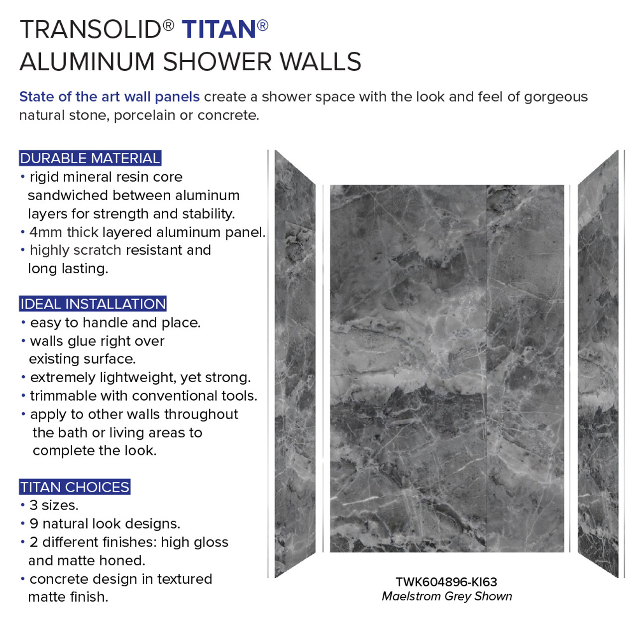 Transolid TWK604896-KI63H Titan 64-in x 48-in x 96-in Shower Wall Trimmable Kit, Maelstrom Grey (Honed)