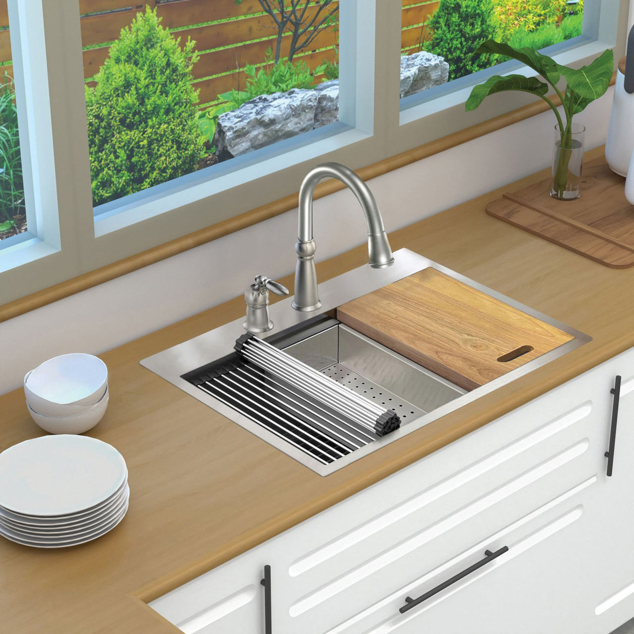 Transolid KWSST302210-ML2 30-in X 22-in X 10-in 18-Gauge Drop-in Stainless Steel Kitchen Workstation Sink with ML2 Faucet Holes