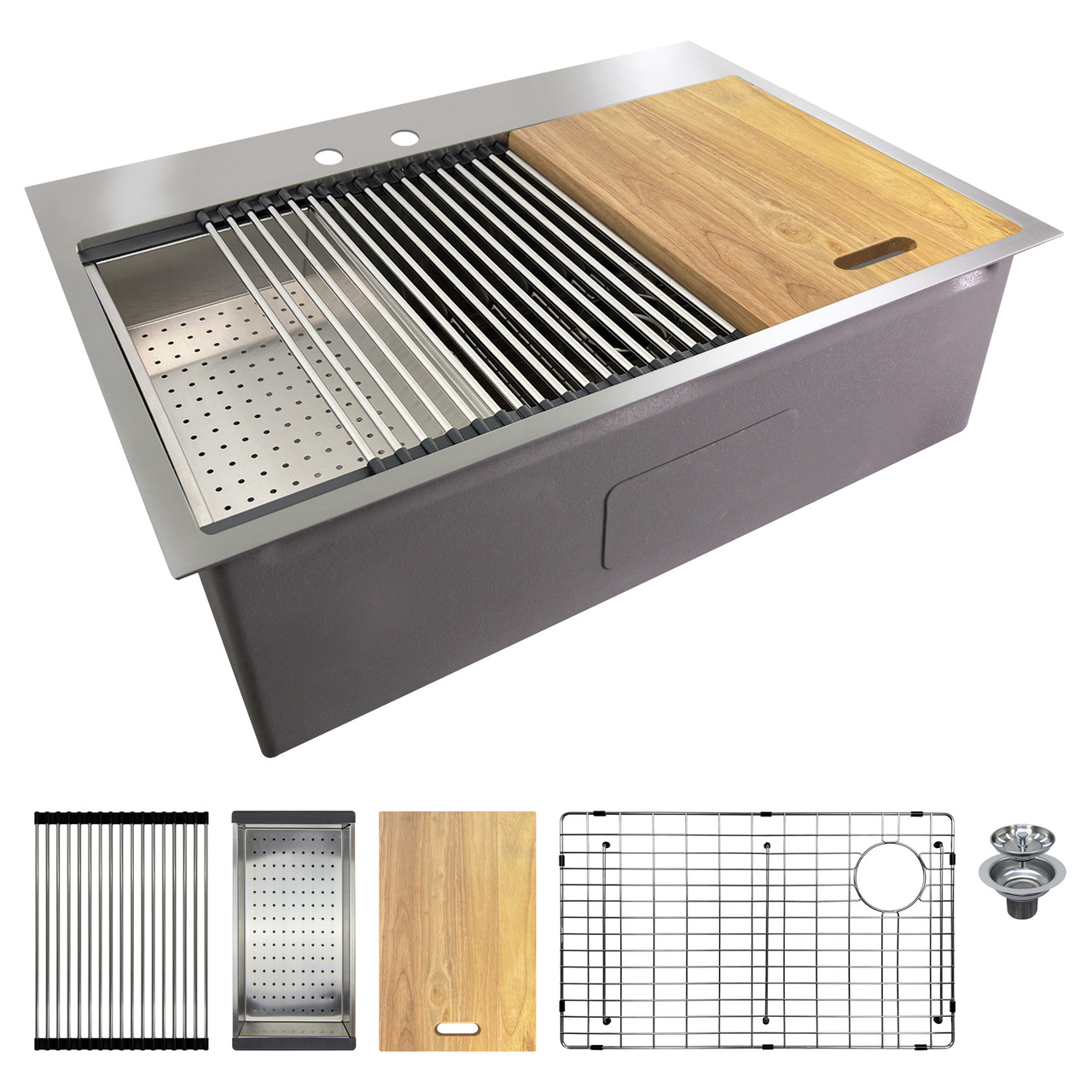 Transolid KWSST302210-ML2 30-in X 22-in X 10-in 18-Gauge Drop-in Stainless Steel Kitchen Workstation Sink with ML2 Faucet Holes