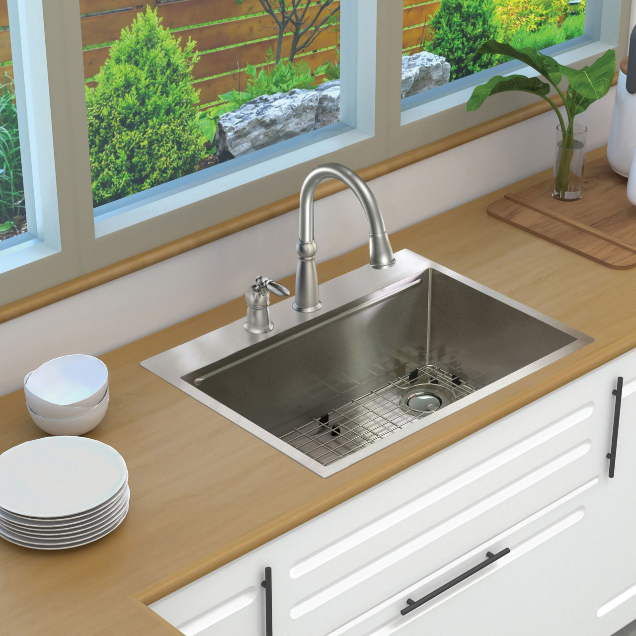 Transolid KWSST302210-ML2 30-in X 22-in X 10-in 18-Gauge Drop-in Stainless Steel Kitchen Workstation Sink with ML2 Faucet Holes