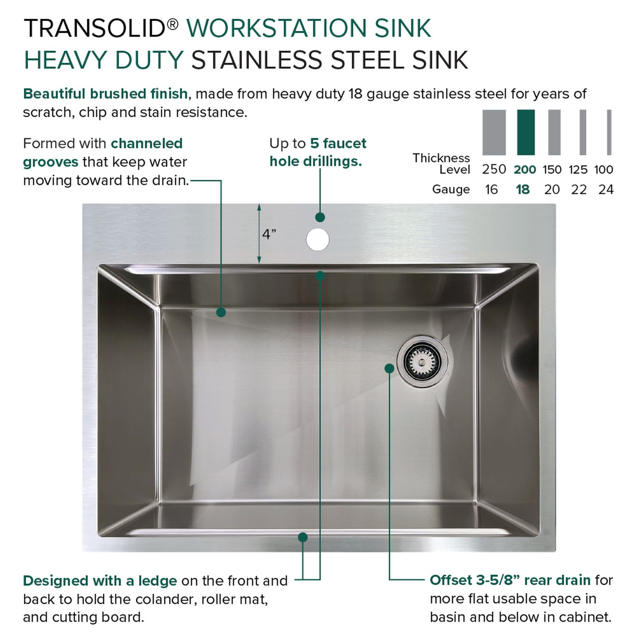 Transolid KWSST302210-3 30-in X 22-in X 10-in 18-Gauge Drop-in Stainless Steel Kitchen Workstation Sink with 3 Faucet Holes