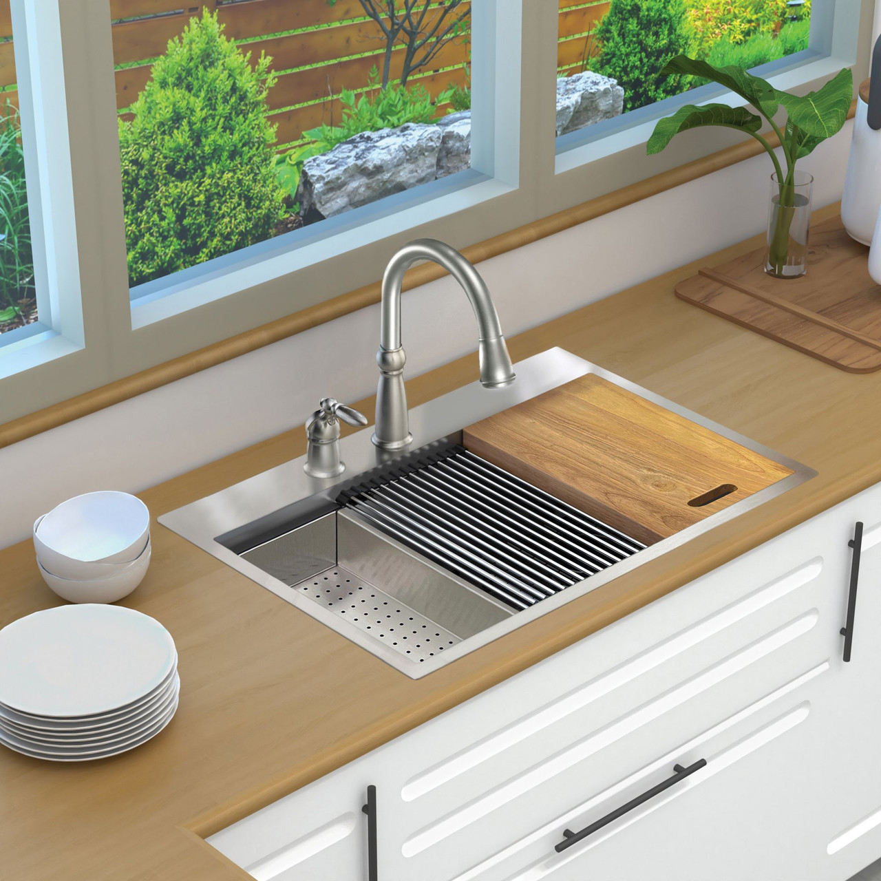 Transolid KWSST322210-ML2 32-in X 22-in X 10-in 18-Gauge Drop-in Stainless Steel Kitchen Workstation Sink with ML2 Faucet Holes