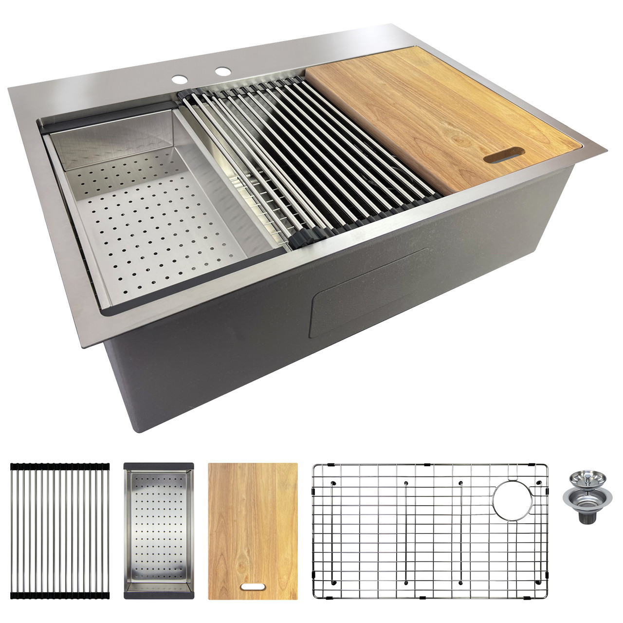 Transolid KWSST322210-ML2 32-in X 22-in X 10-in 18-Gauge Drop-in Stainless Steel Kitchen Workstation Sink with ML2 Faucet Holes