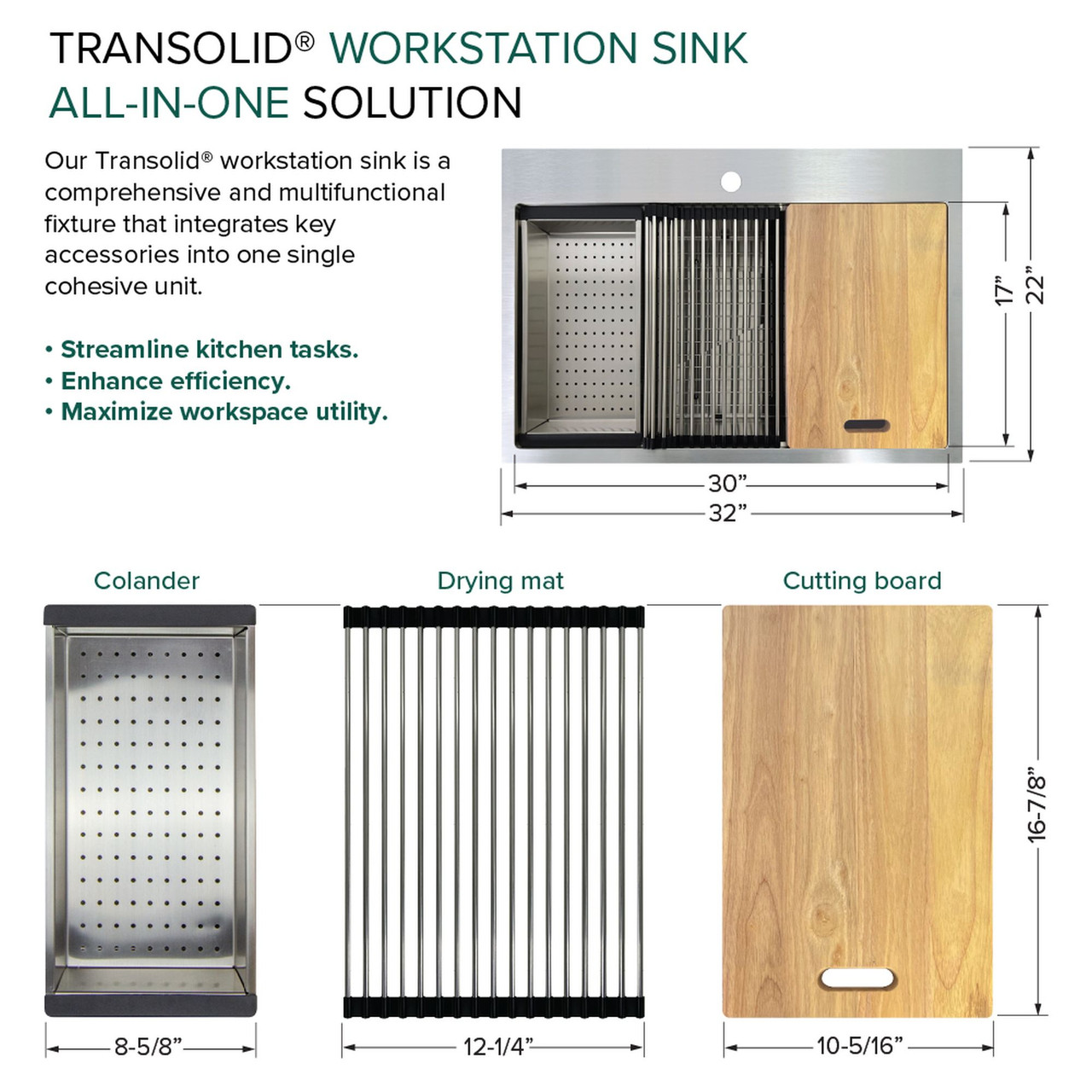 Transolid KWSST322210-ML2 32-in X 22-in X 10-in 18-Gauge Drop-in Stainless Steel Kitchen Workstation Sink with ML2 Faucet Holes