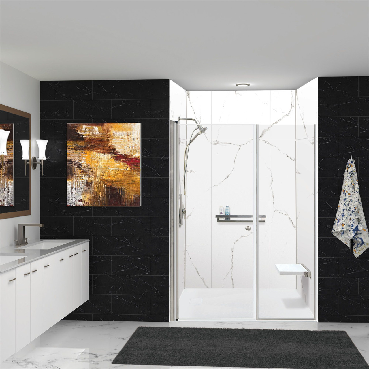 Transolid TWWCSK603296-KI01GBS Titan 60-in x 32-in x 96-in Walk-In Shower Kit with End Drain, White Caruso, Brushed Stainless