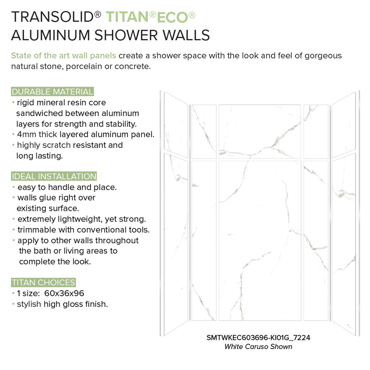 Transolid TWWCSK603296-KI01GBS Titan 60-in x 32-in x 96-in Walk-In Shower Kit with End Drain, White Caruso, Brushed Stainless
