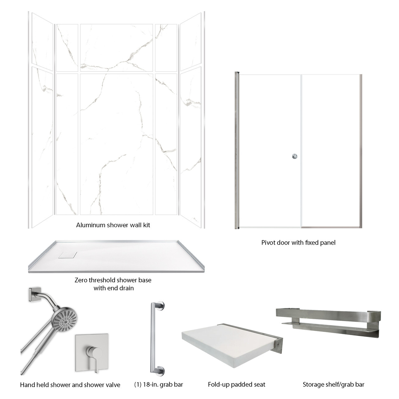 TWWCSK603296-KI01GBS Titan 60-in x 32-in x 96-in Walk-In Shower Kit with End Drain, White Caruso, Brushed Stainless