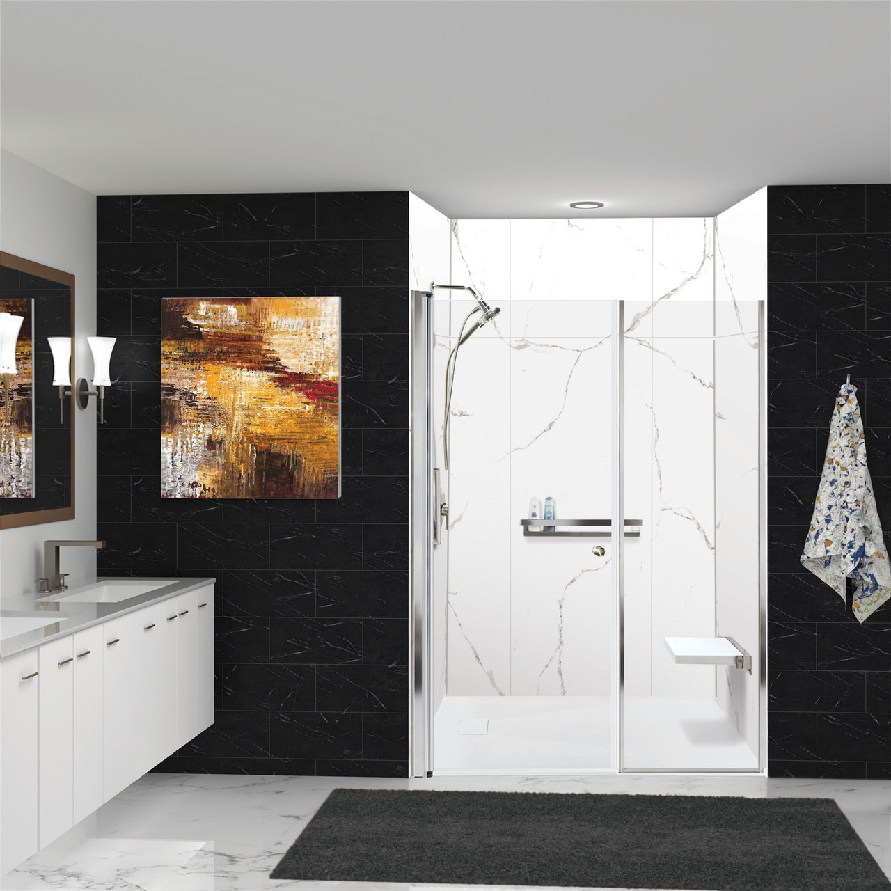 TWWCSK603296-KI01GPC Titan 60-in x 32-in x 96-in Walk-In Shower Kit with End Drain, White Caruso, Polished Chrome