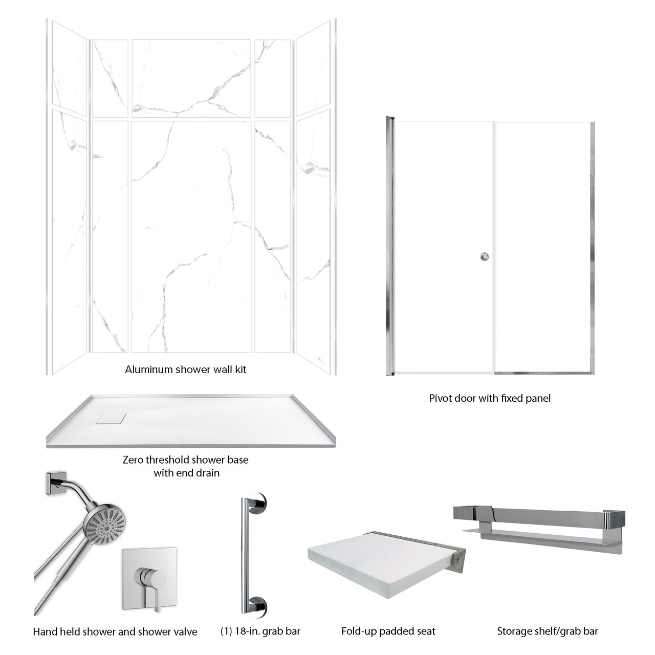 TWWCSK603296-KI01GPC Titan 60-in x 32-in x 96-in Walk-In Shower Kit with End Drain, White Caruso, Polished Chrome