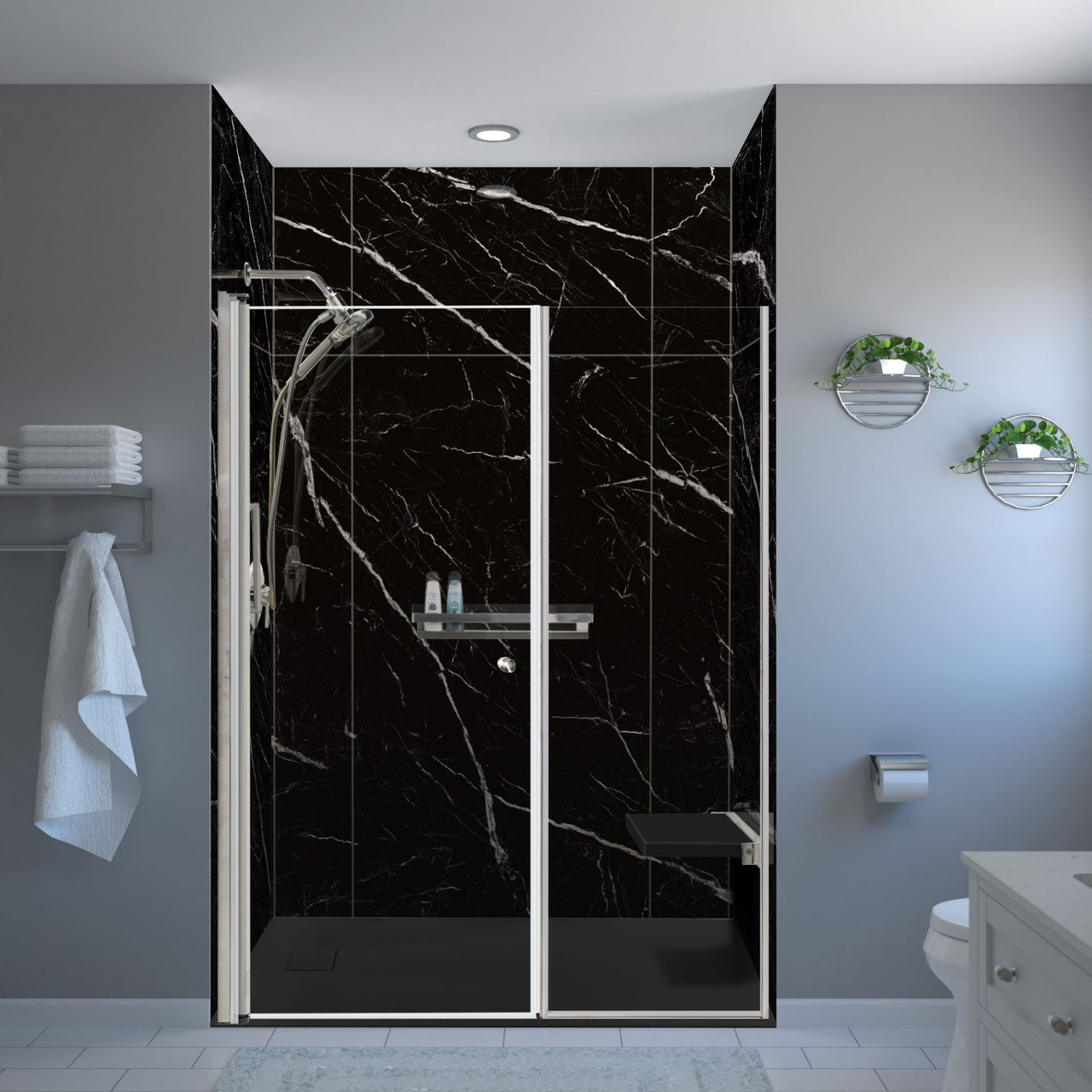 Transolid TWWCSK603296-KI03GBS Titan 60-in x 32-in x 96-in Walk-In Shower Kit with End Drain, Black Caruso, Brushed Stainless