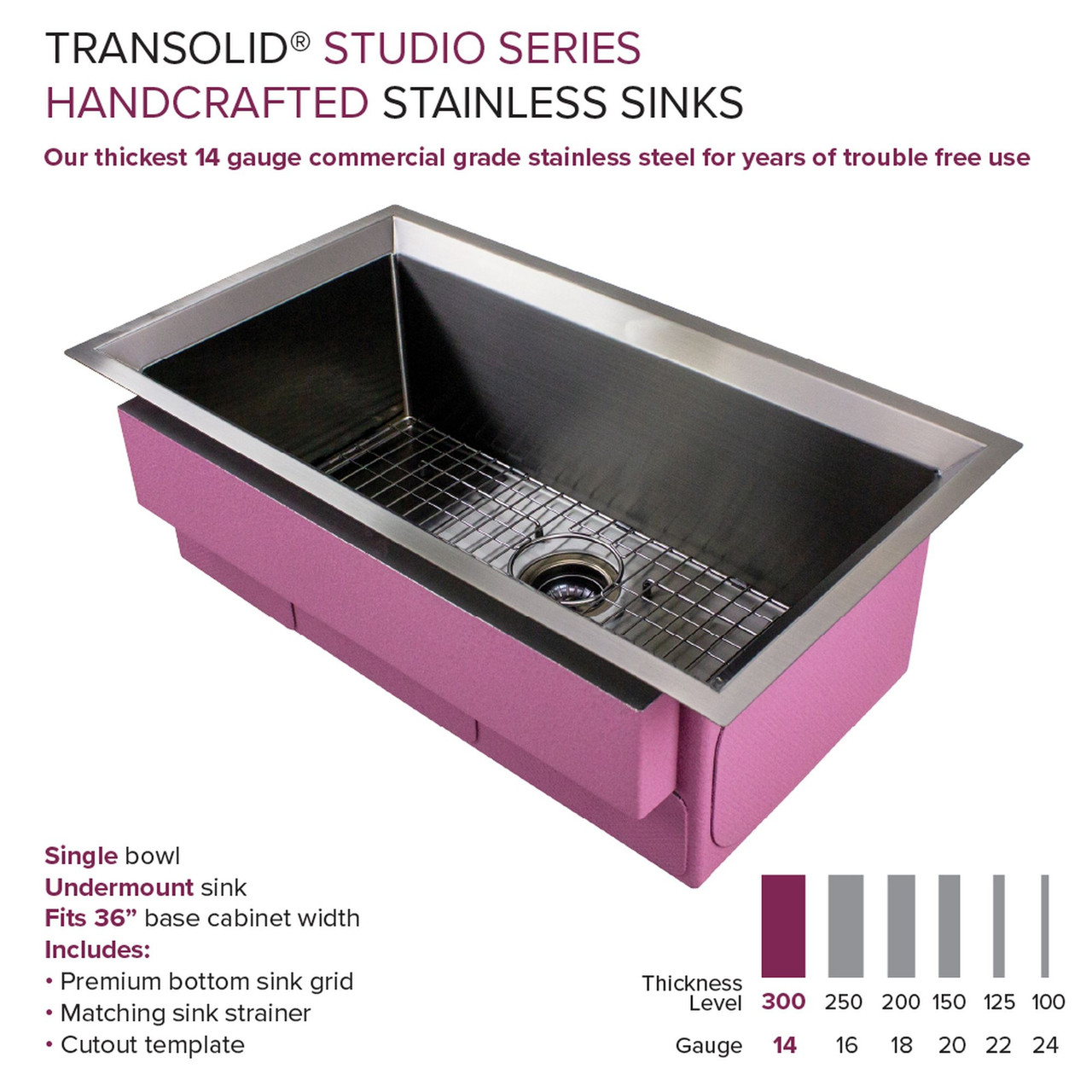 Transolid PUSS331911GM Studio 33-in x 19-in x 11-in 14 Gauge Super Single Bowl Undermount Stainless Steel Kitchen Sink With SinkPocket™, Bottom Sink Grid, And Flip-Top Sink Strainer, Gun Metal