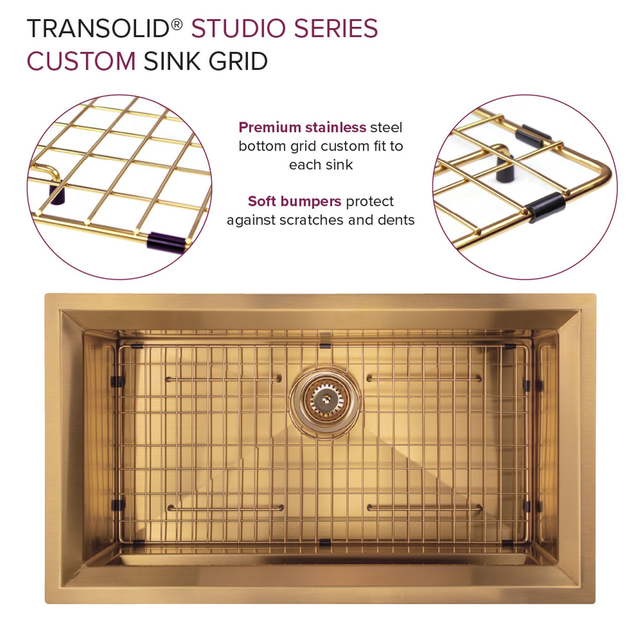 Transolid PUSS331911SB Studio 33-in x 19-in x 11-in 14 Gauge Super Single Bowl Undermount Stainless Steel Kitchen Sink With SinkPocket™, Bottom Sink Grid, And Flip-Top Sink Strainer, Satin Brass