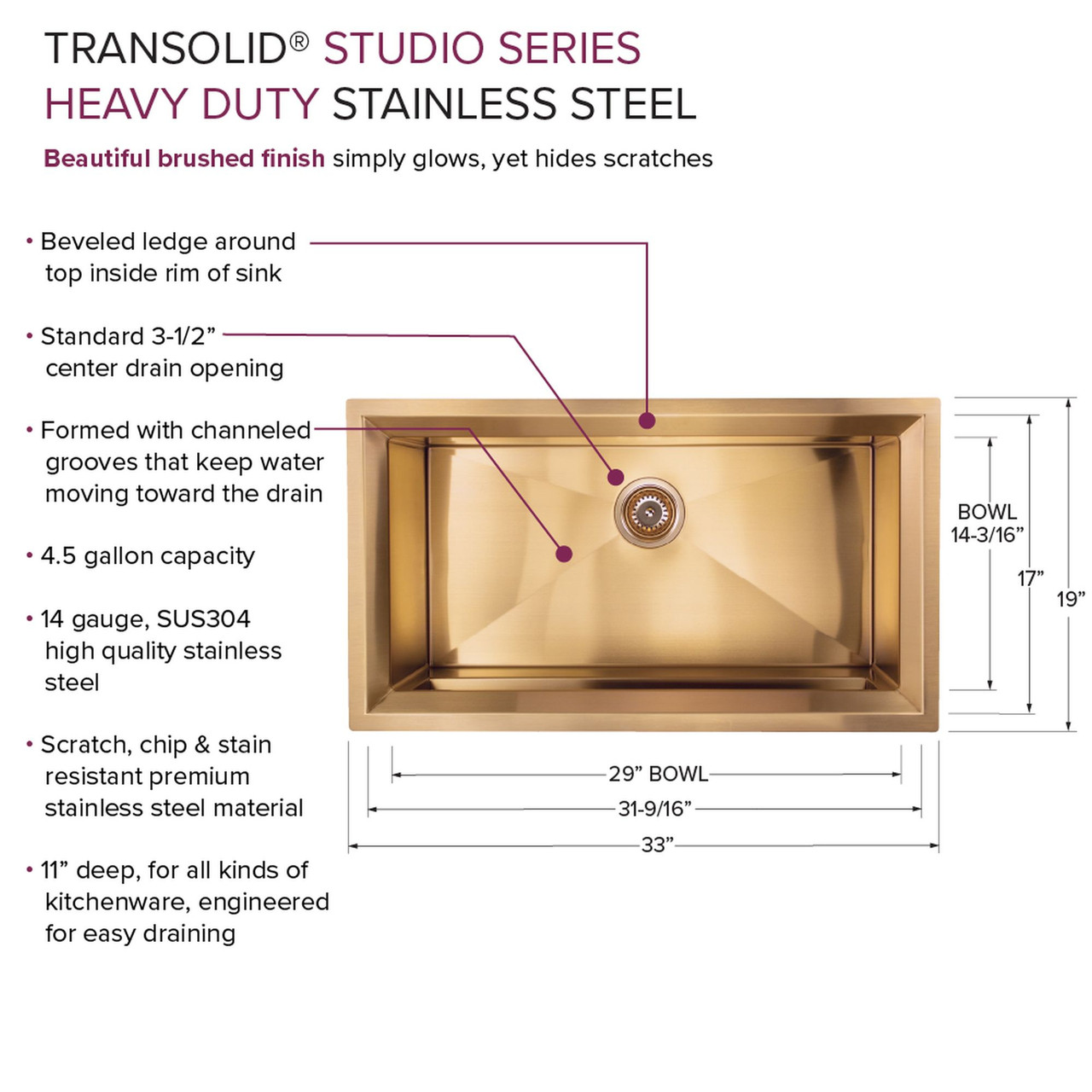 Transolid PUSS331911SB Studio 33-in x 19-in x 11-in 14 Gauge Super Single Bowl Undermount Stainless Steel Kitchen Sink With SinkPocket™, Bottom Sink Grid, And Flip-Top Sink Strainer, Satin Brass