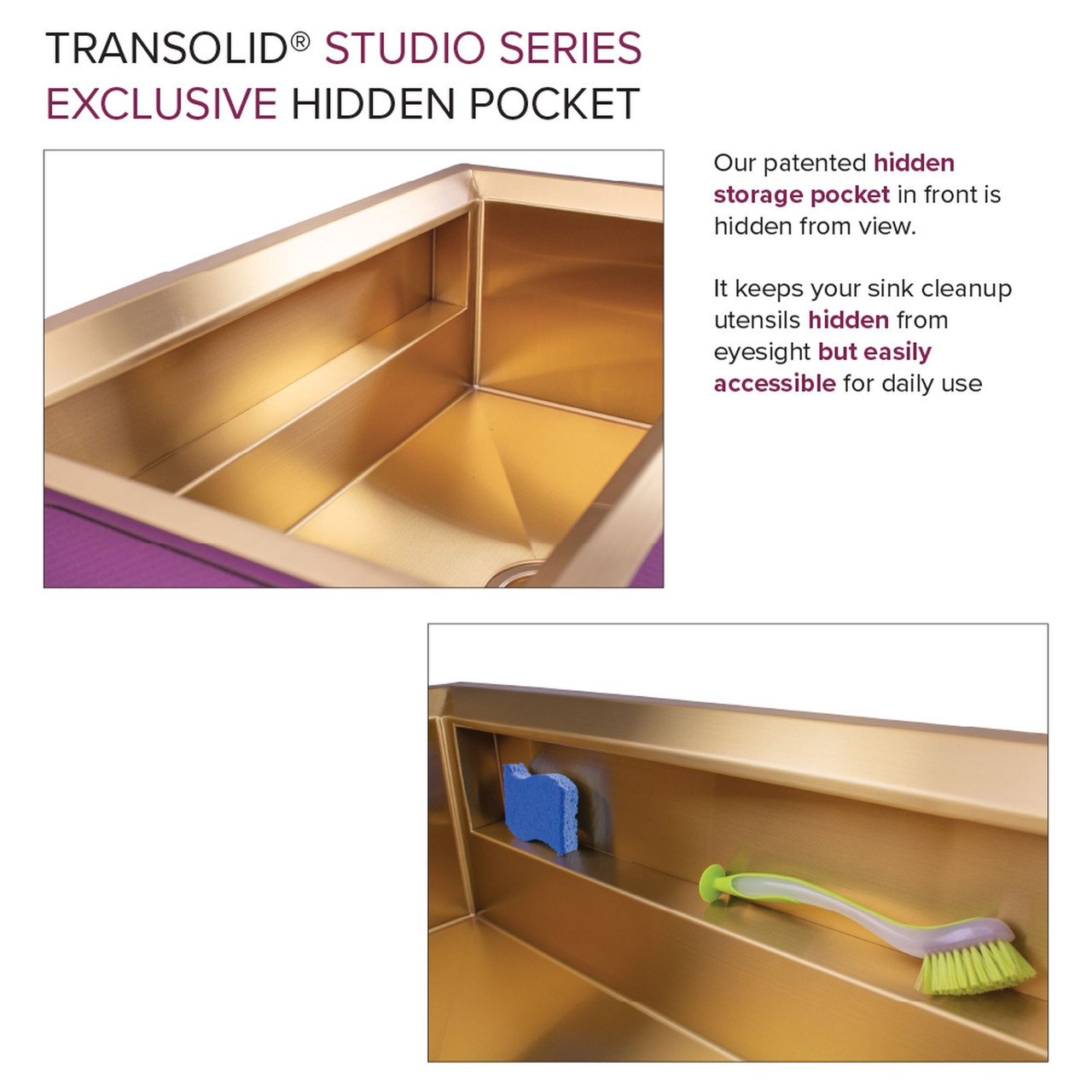 Transolid PUSS331911SB Studio 33-in x 19-in x 11-in 14 Gauge Super Single Bowl Undermount Stainless Steel Kitchen Sink With SinkPocket™, Bottom Sink Grid, And Flip-Top Sink Strainer, Satin Brass