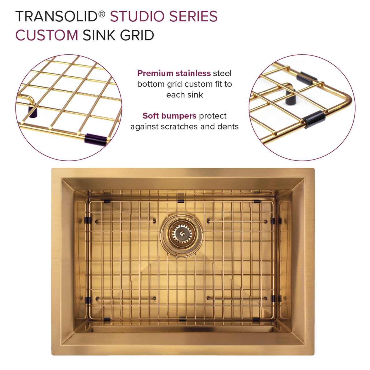 Transolid PUSB261911SB Studio 26-in x 19-in x 11-in 14 Gauge Single Bowl Undermount Stainless Steel Kitchen Sink With SinkPocket™, Bottom Sink Grid, And Flip-Top Sink Strainer, Satin Brass