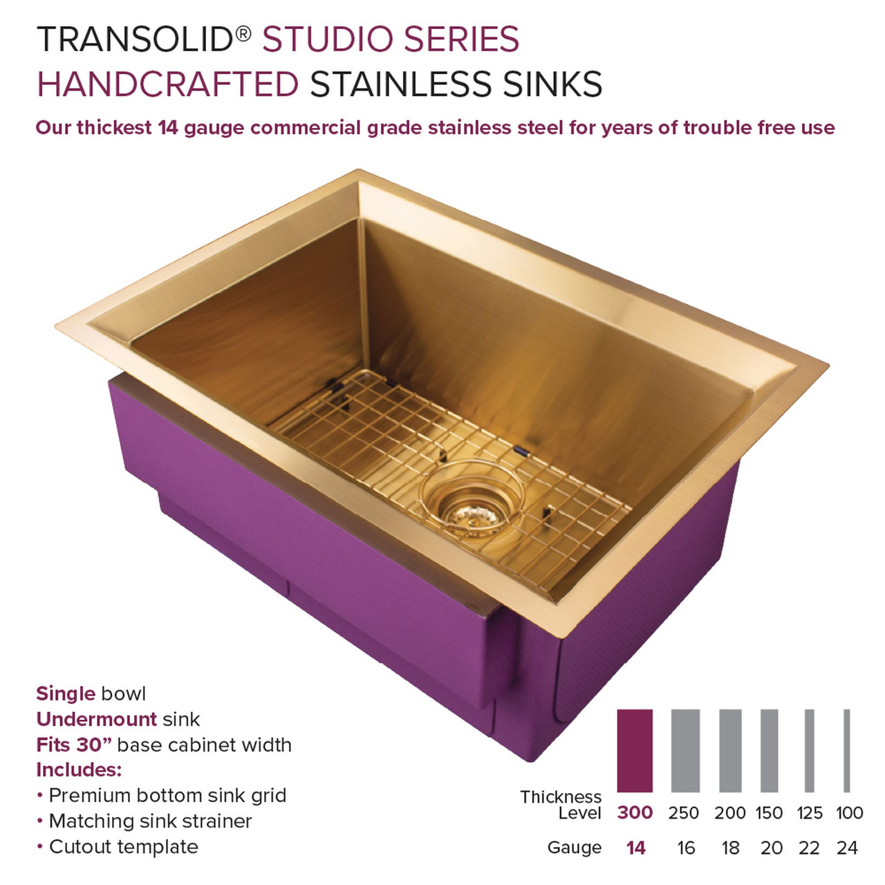 Transolid PUSB261911SB Studio 26-in x 19-in x 11-in 14 Gauge Single Bowl Undermount Stainless Steel Kitchen Sink With SinkPocket™, Bottom Sink Grid, And Flip-Top Sink Strainer, Satin Brass
