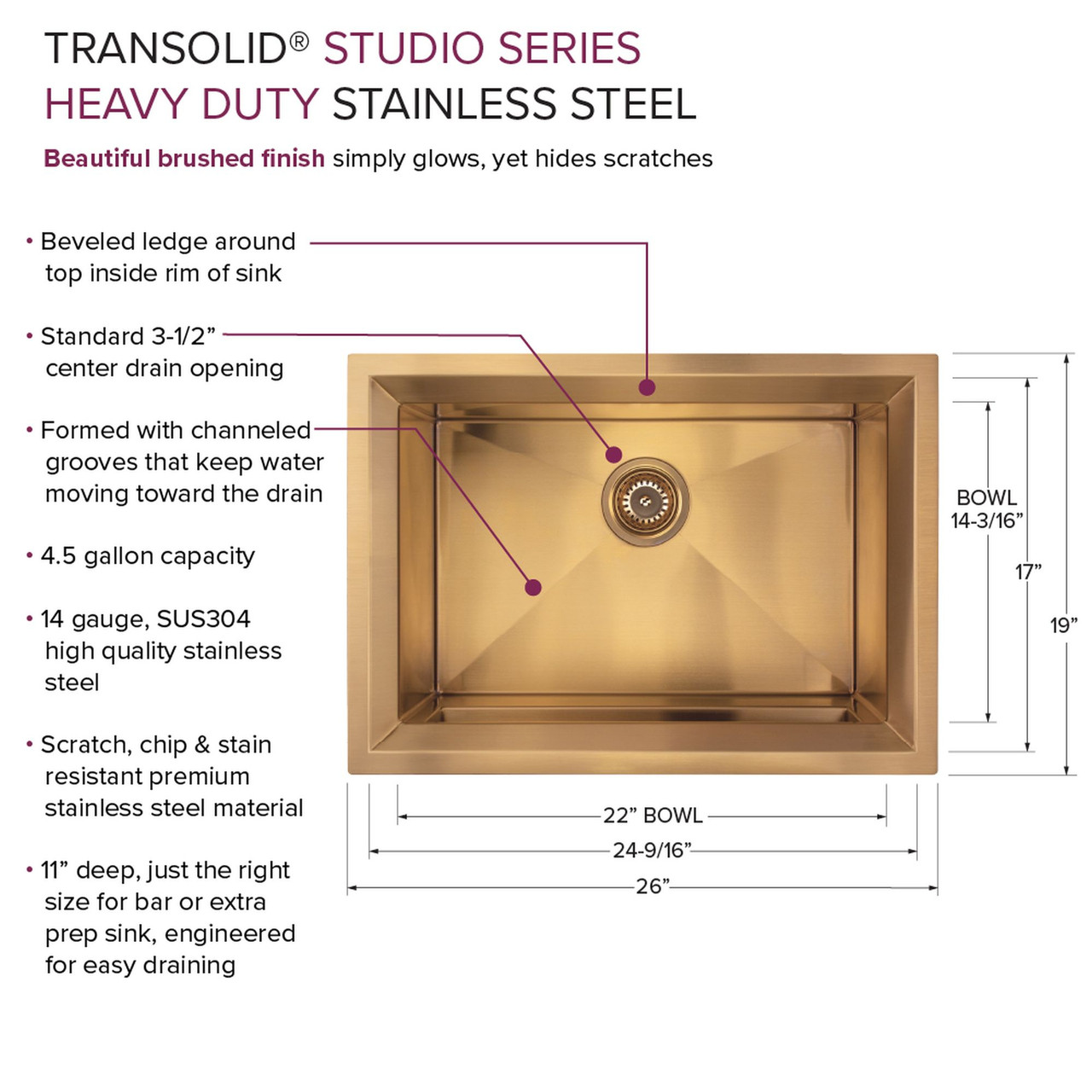 Transolid PUSB261911SB Studio 26-in x 19-in x 11-in 14 Gauge Single Bowl Undermount Stainless Steel Kitchen Sink With SinkPocket™, Bottom Sink Grid, And Flip-Top Sink Strainer, Satin Brass