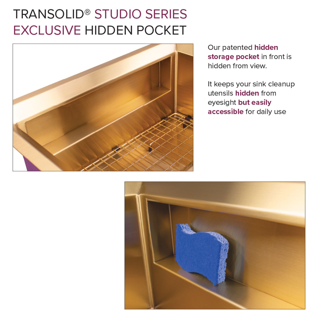 Transolid PUSB261911SB Studio 26-in x 19-in x 11-in 14 Gauge Single Bowl Undermount Stainless Steel Kitchen Sink With SinkPocket™, Bottom Sink Grid, And Flip-Top Sink Strainer, Satin Brass