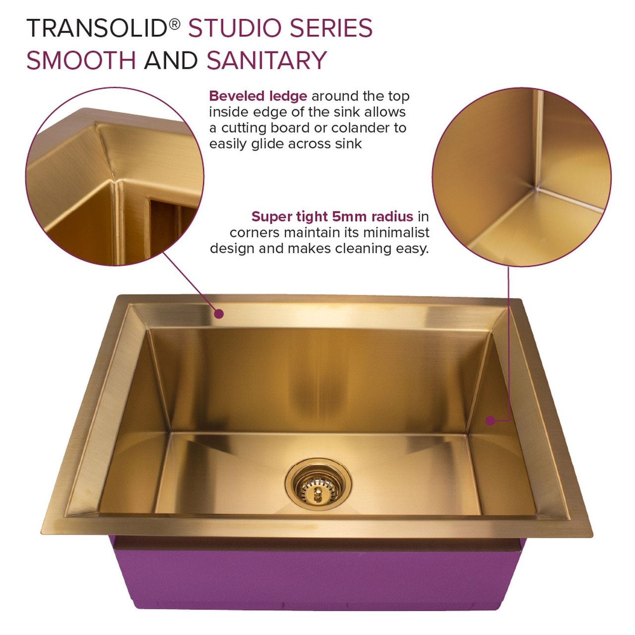 Transolid PUSB261911SB Studio 26-in x 19-in x 11-in 14 Gauge Single Bowl Undermount Stainless Steel Kitchen Sink With SinkPocket™, Bottom Sink Grid, And Flip-Top Sink Strainer, Satin Brass
