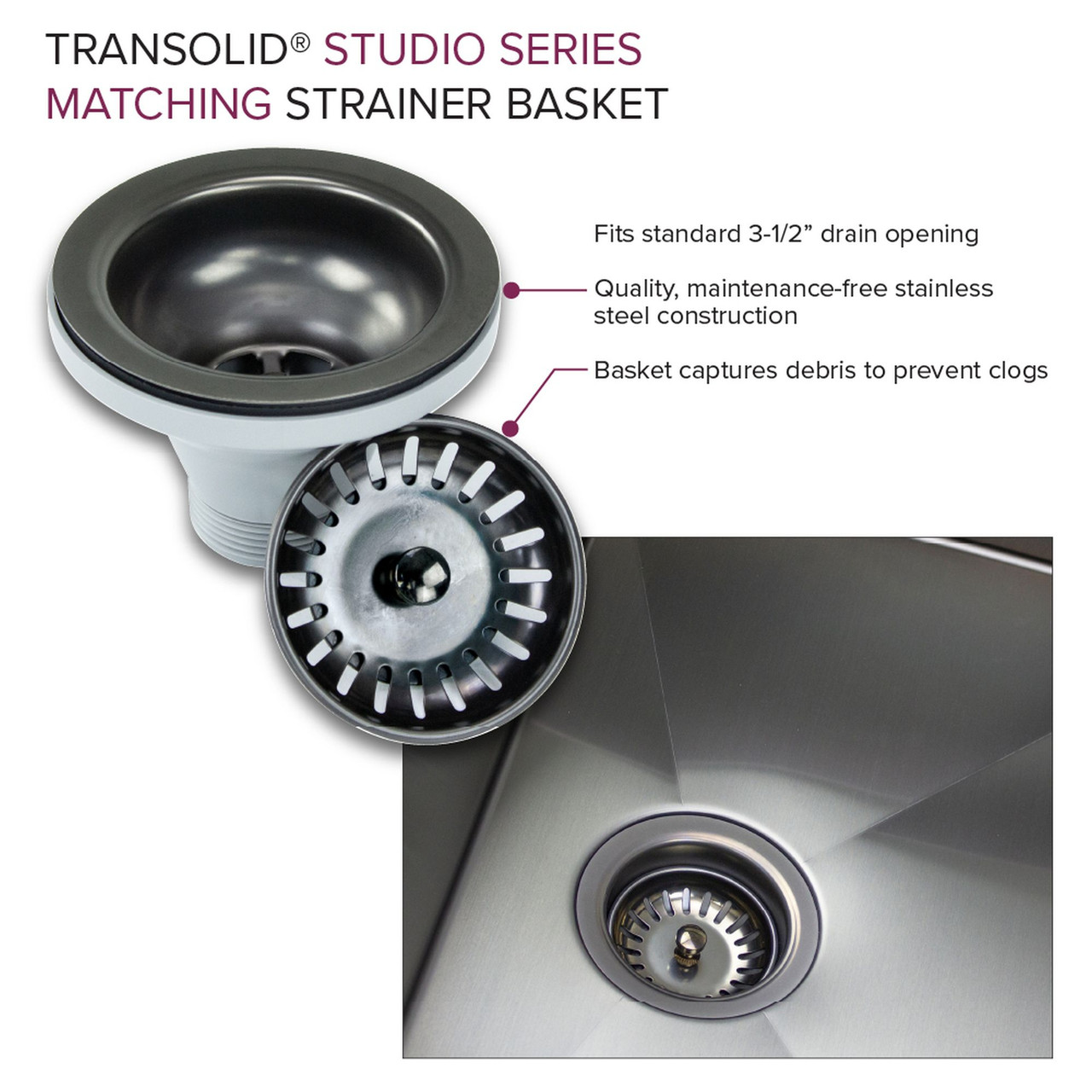 Transolid PUSB15159GM 15-in x 15-in x 9-in 14 Gauge Single Bowl Undermount Stainless Steel Kitchen/Bar Sink With SinkPocket™, Bottom Sink Grid, And Flip-Top Sink Strainer, Gun Metal